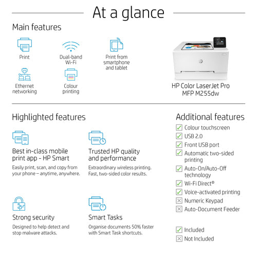 HP Color LaserJet Pro M255dw, Print, Two-sided printing; Energy Efficient; Strong Security; Dualband Wi-Fi HP Color LaserJet Pro M255dw, Print, Two-sided printing; Energy Efficient; Strong Security; Dualband Wi-Fi